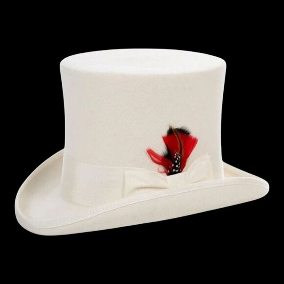 FERRECCI MENS PREMIUM TOP HAT IN WHITE WOOL VICTORIAN ELEGANCE WITH SATIN LINING - Picture 1 of 5